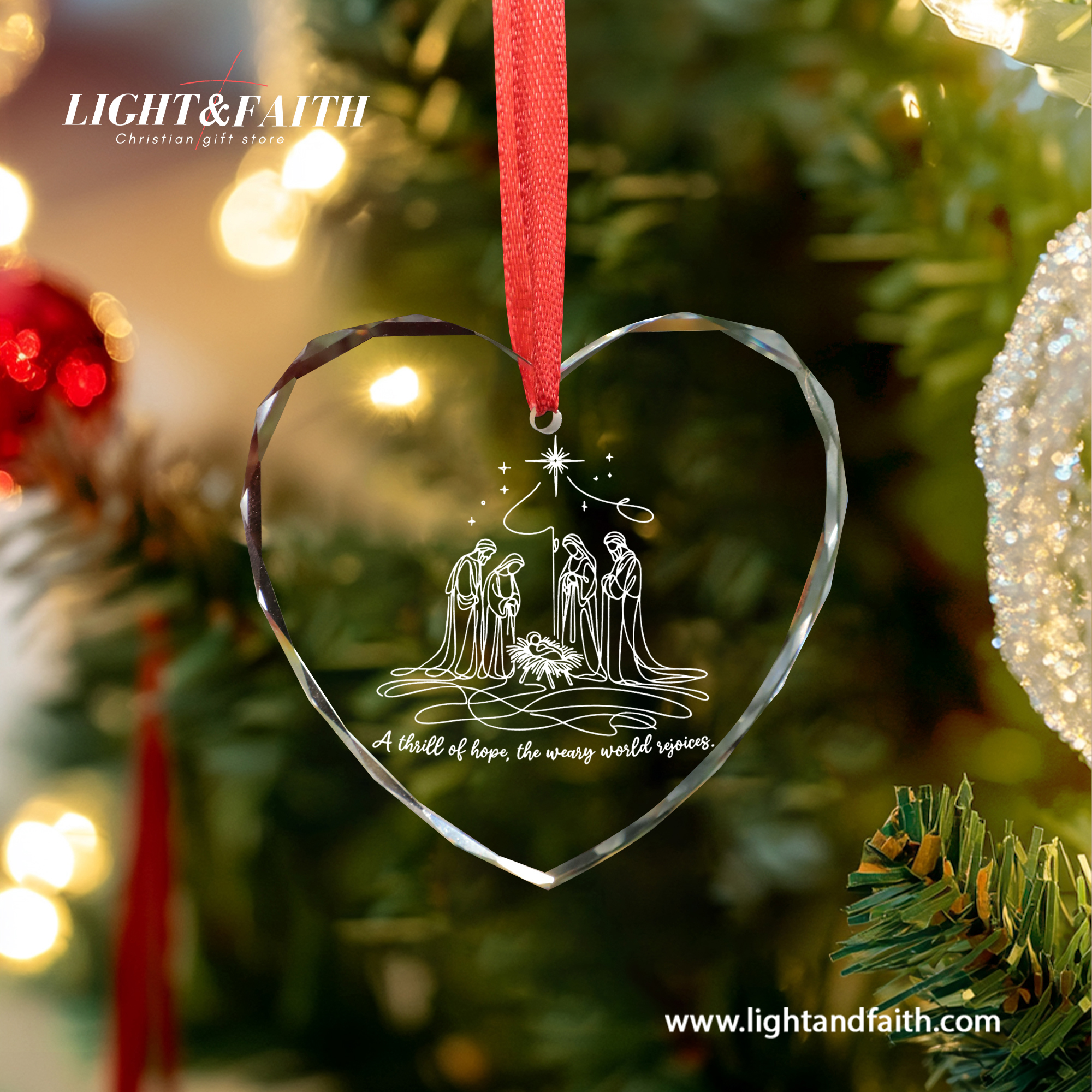 A Thrill of Hope Heart Ornament, Minimal Nativity Line Art Ornament, Holy Family Christmas Decor, Christian Faith Gift, Religious Glass Decoration DCLAF63